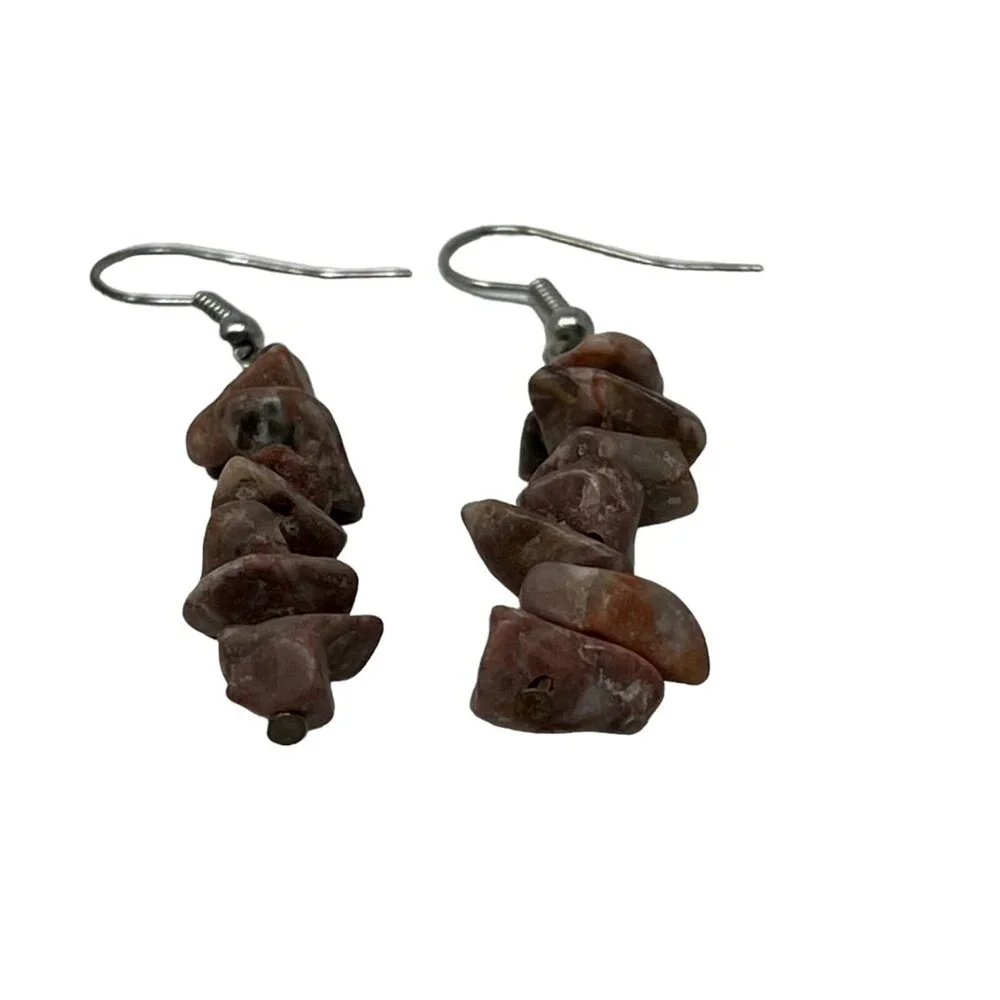 Vintage Pierced Earrings Brown Stone Chip Dangle Drop‎ Wire